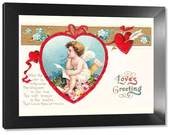 Cupid with hearts and flowers on a Valentine postcard