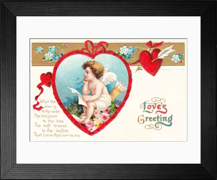Framed Print : Cupid with hearts and flowers on a Valentine postcard Framed Print : Cupid with hearts and flowers on a Valentine postcard