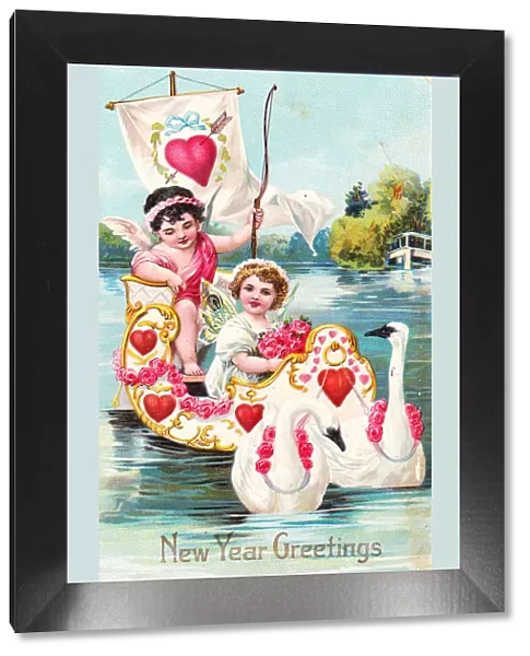 Cupid and fairy with hearts on a New Year postcard