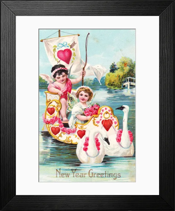 Framed Print : Cupid and fairy with hearts on a New Year postcard Framed Print : Cupid and fairy with hearts on a New Year postcard