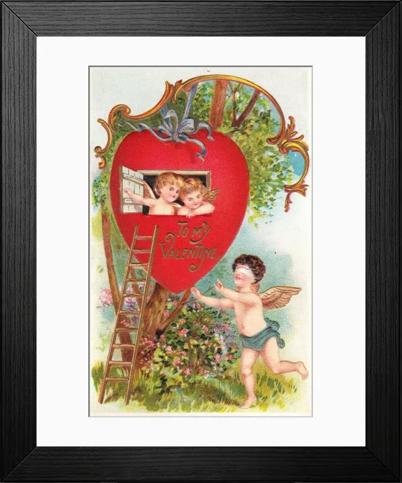 Framed Print : Cupids with red heart and ladder on a Valentine postcard Framed Print : Cupids with red heart and ladder on a Valentine postcard