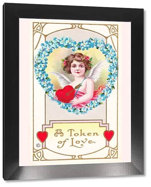 Cupid with red hearts and arrow on a Valentine postcard