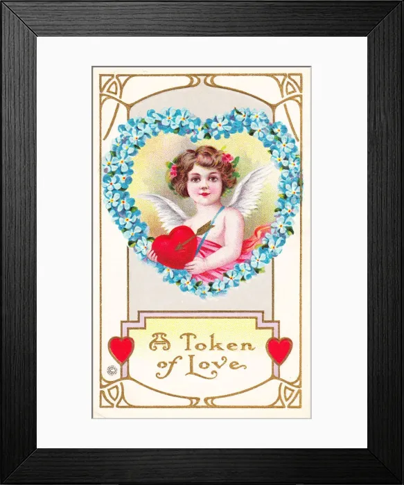 Framed Print : Cupid with red hearts and arrow on a Valentine postcard Framed Print : Cupid with red hearts and arrow on a Valentine postcard