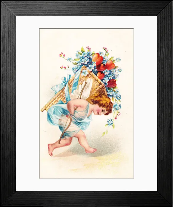 Framed Print : Cupid with hearts and flowers on a Valentine postcard Framed Print : Cupid with hearts and flowers on a Valentine postcard