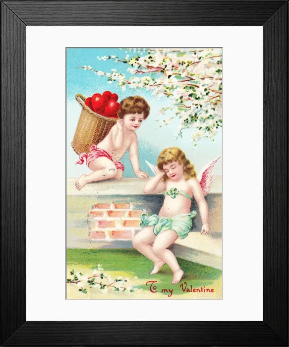 Framed Print : Cupid and fairy with red hearts on a Valentine postcard Framed Print : Cupid and fairy with red hearts on a Valentine postcard
