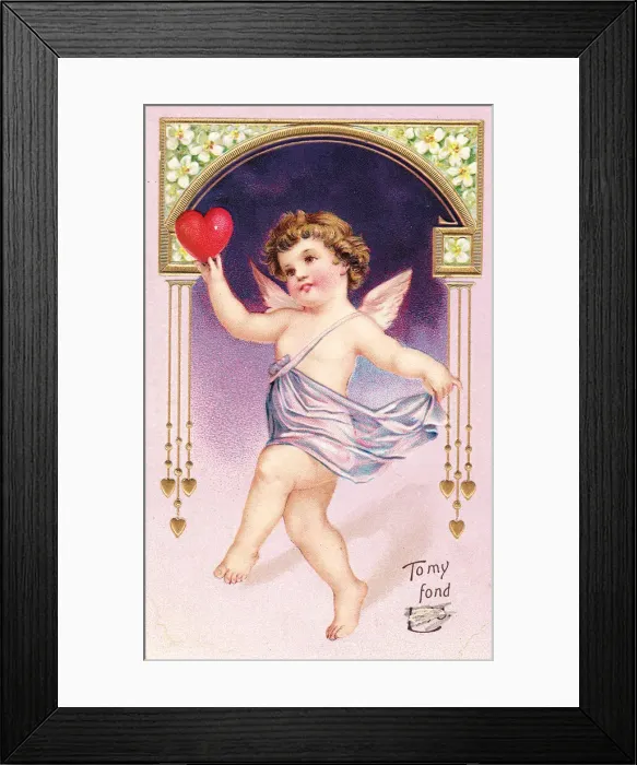 Framed Print : Cupid with red heart on a Valentine postcard Framed Print : Cupid with red heart on a Valentine postcard