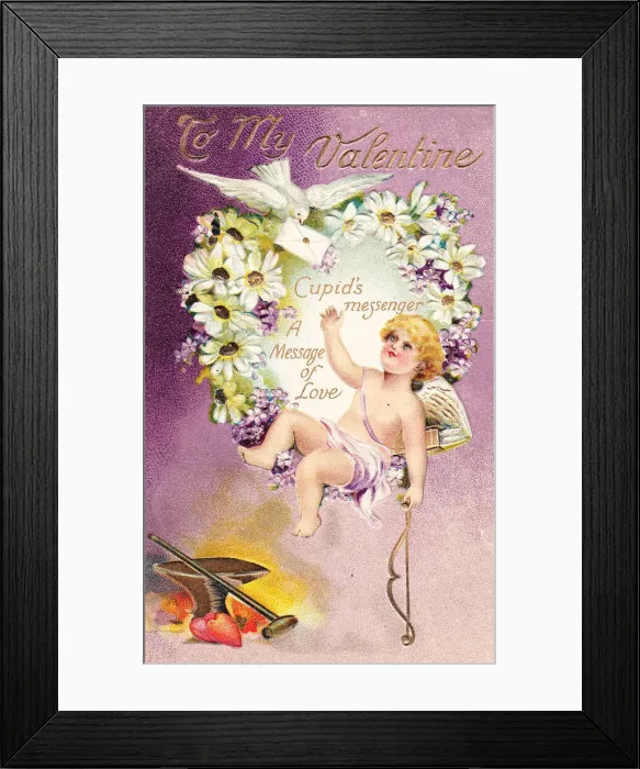 Framed Print : Cupid with dove and envelope on a Valentine postcard Framed Print : Cupid with dove and envelope on a Valentine postcard