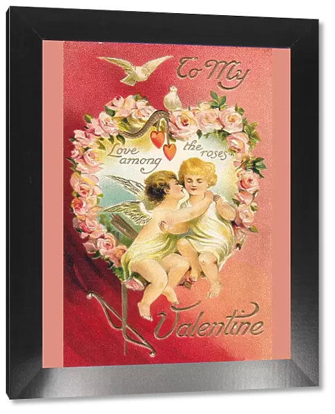 Cupid with girlfriend and doves on a Valentine postcard