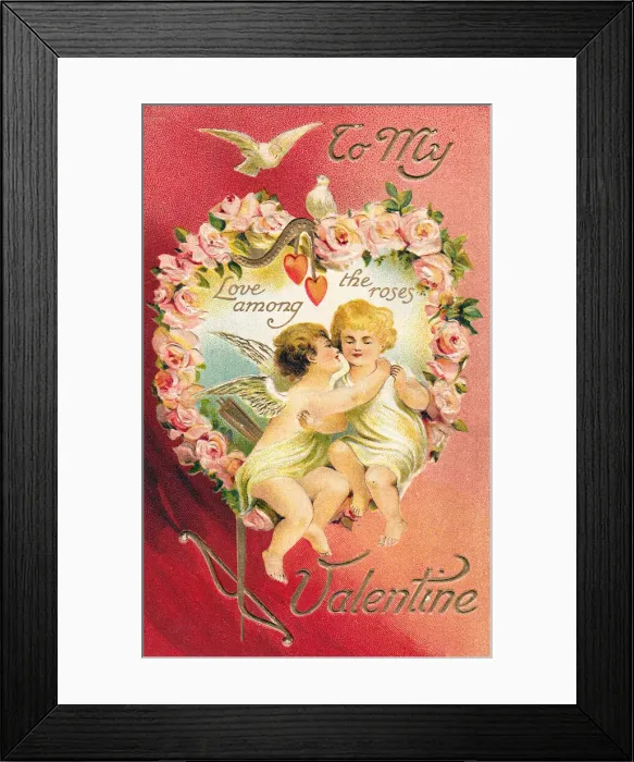 Framed Print : Cupid with girlfriend and doves on a Valentine postcard Framed Print : Cupid with girlfriend and doves on a Valentine postcard
