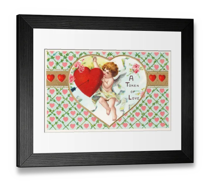 Framed Print : Cupid with red heart on a Valentine postcard Framed Print : Cupid with red heart on a Valentine postcard