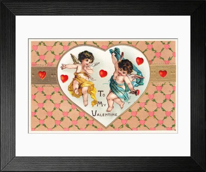 Framed Print : Cupids with red hearts on a Valentine postcard Framed Print : Cupids with red hearts on a Valentine postcard