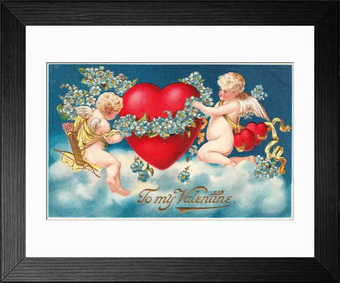 Framed Print : Cupids with hearts and flowers on a Valentine postcard Framed Print : Cupids with hearts and flowers on a Valentine postcard