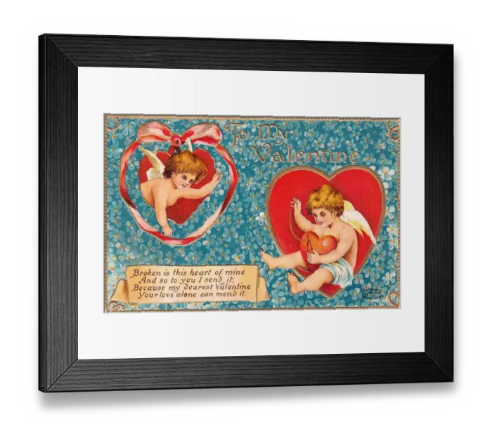 Framed Print : Cupids with hearts and flowers on a Valentine postcard Framed Print : Cupids with hearts and flowers on a Valentine postcard