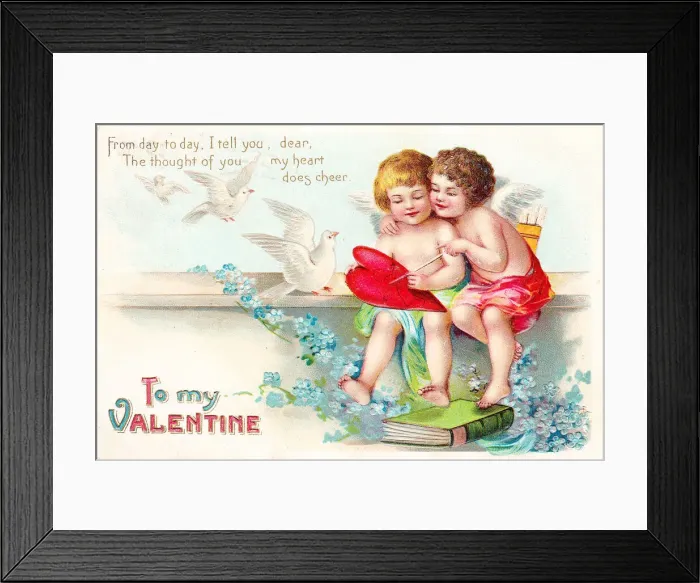 Framed Print : Cupids with heart and doves on a Valentine postcard Framed Print : Cupids with heart and doves on a Valentine postcard