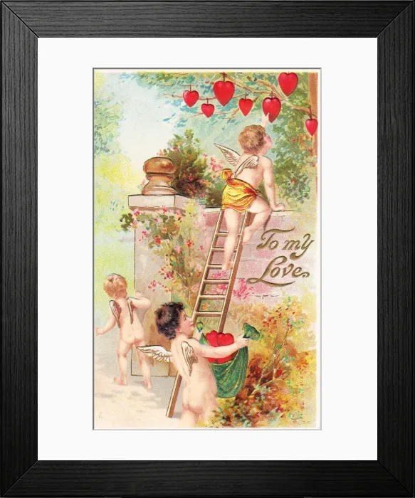 Framed Print : Cupids with red heart and ladder on a Valentine postcard Framed Print : Cupids with red heart and ladder on a Valentine postcard