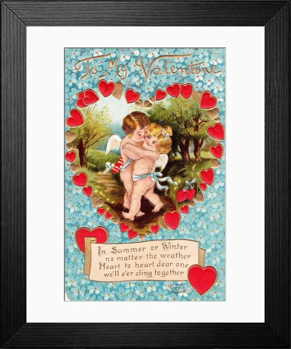 Framed Print : Cupid with girlfriend on a Valentine postcard Framed Print : Cupid with girlfriend on a Valentine postcard