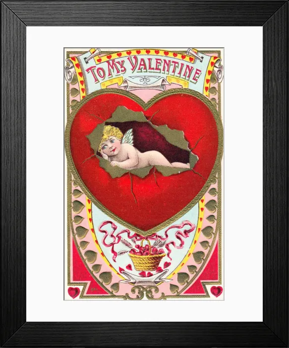 Framed Print : Cupid with red heart on a Valentine postcard Framed Print : Cupid with red heart on a Valentine postcard