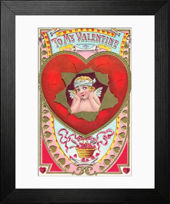 Framed Print : Cupid with red heart on a Valentine postcard Framed Print : Cupid with red heart on a Valentine postcard