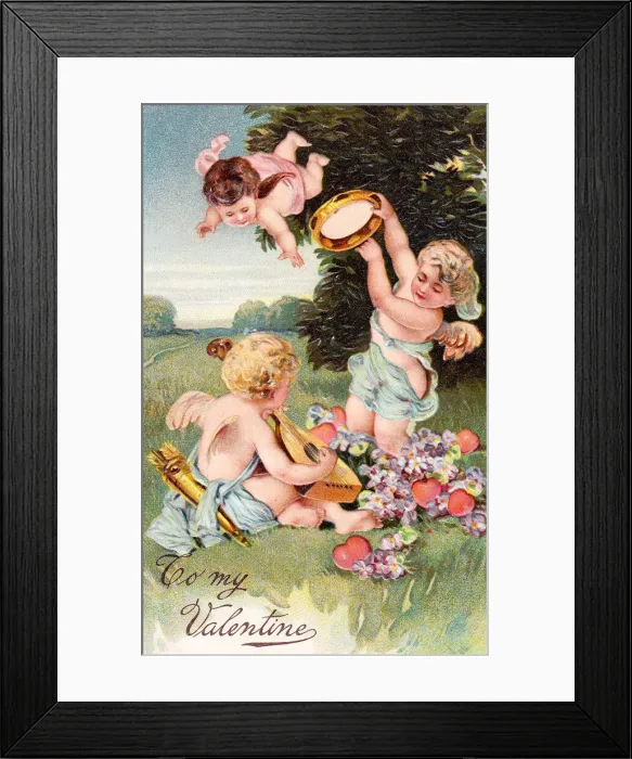 Framed Print : Cupids with hearts and flowers on a Valentine postcard Framed Print : Cupids with hearts and flowers on a Valentine postcard