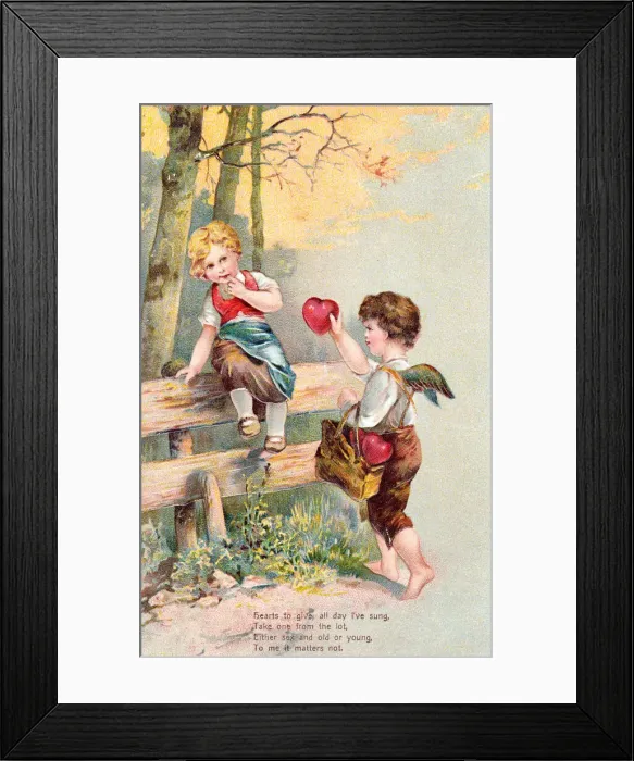 Framed Print : Cupid offering a red heart on a Valentine postcard Framed Print : Cupid offering a red heart on a Valentine postcard