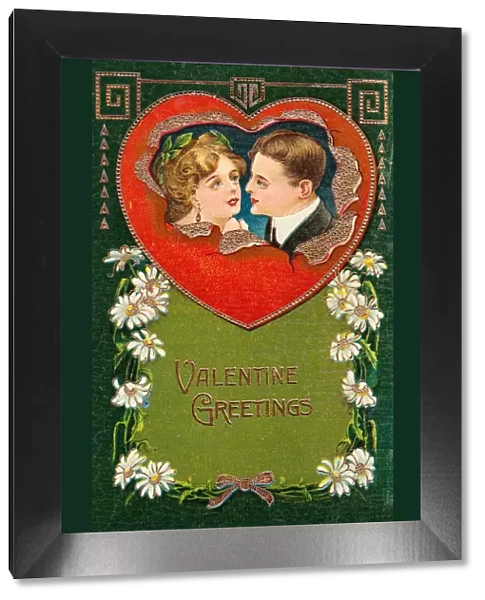 Couple with heart and daisies on a Valentine postcard
