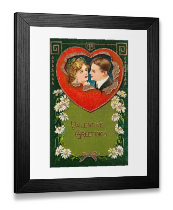 Framed Print : Couple with heart and daisies on a Valentine postcard Framed Print : Couple with heart and daisies on a Valentine postcard