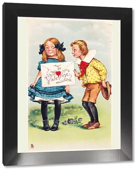Boy and girl with envelope on a comic Valentine postcard