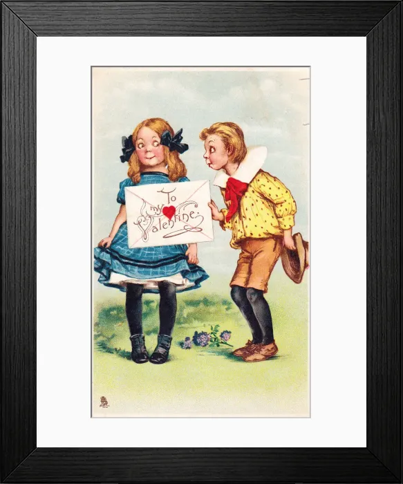 Framed Print : Boy and girl with envelope on a comic Valentine postcard Framed Print : Boy and girl with envelope on a comic Valentine postcard