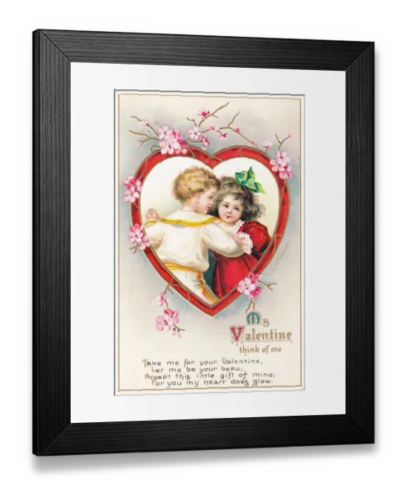 Framed Print : Boy and girl dancing on a Valentine postcard Framed Print : Boy and girl dancing on a Valentine postcard