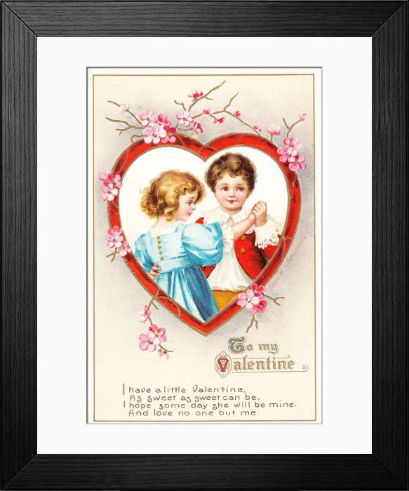 Framed Print : Boy and girl dancing on a Valentine postcard Framed Print : Boy and girl dancing on a Valentine postcard