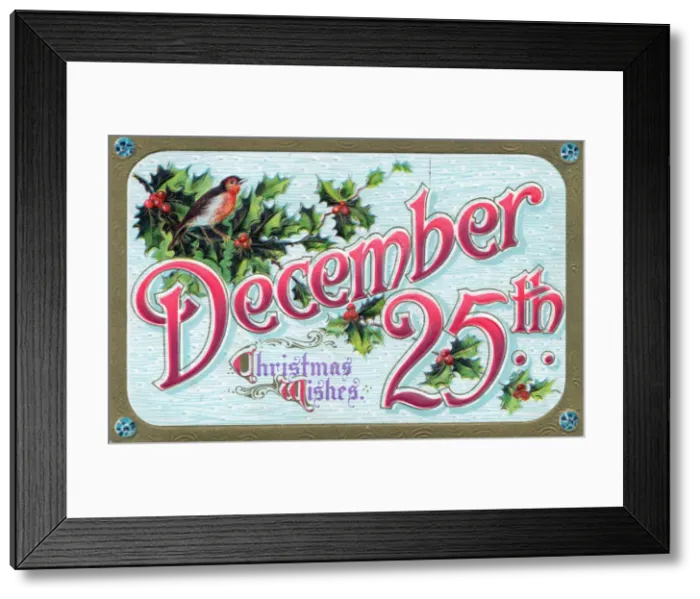 Framed Print : Holly and robin on a Christmas postcard Framed Print : Holly and robin on a Christmas postcard