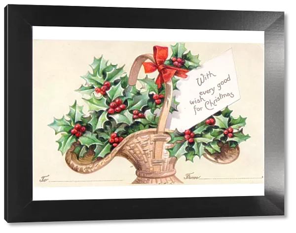 Holly in a basket on a Christmas postcard