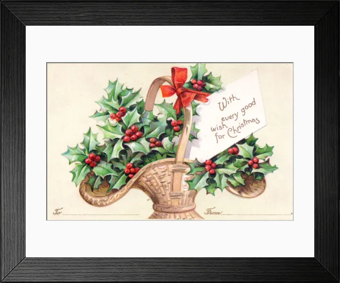 Framed Print : Holly in a basket on a Christmas postcard Framed Print : Holly in a basket on a Christmas postcard