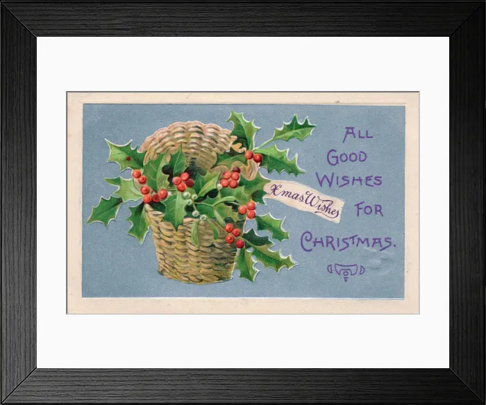 Framed Print : Holly and mistletoe in a basket on a Christmas postcard Framed Print : Holly and mistletoe in a basket on a Christmas postcard