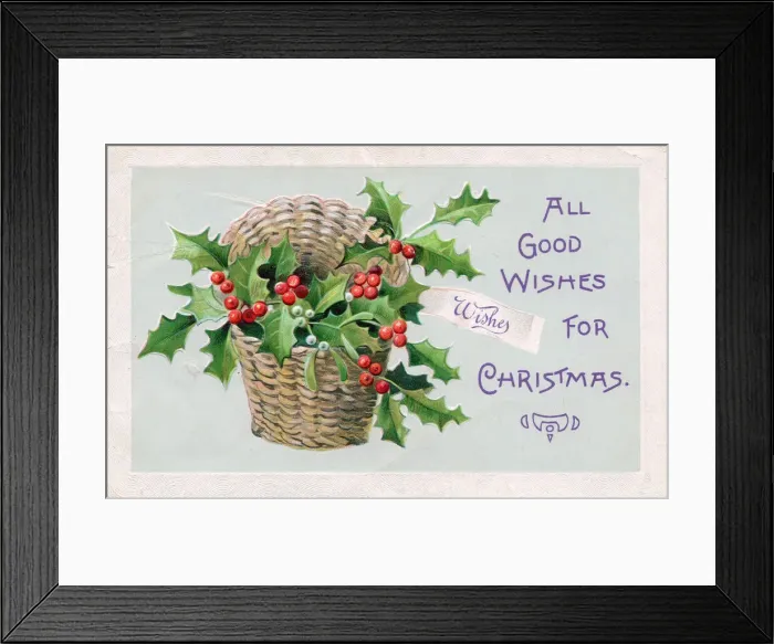 Framed Print : Holly and mistletoe in a basket on a Christmas postcard Framed Print : Holly and mistletoe in a basket on a Christmas postcard