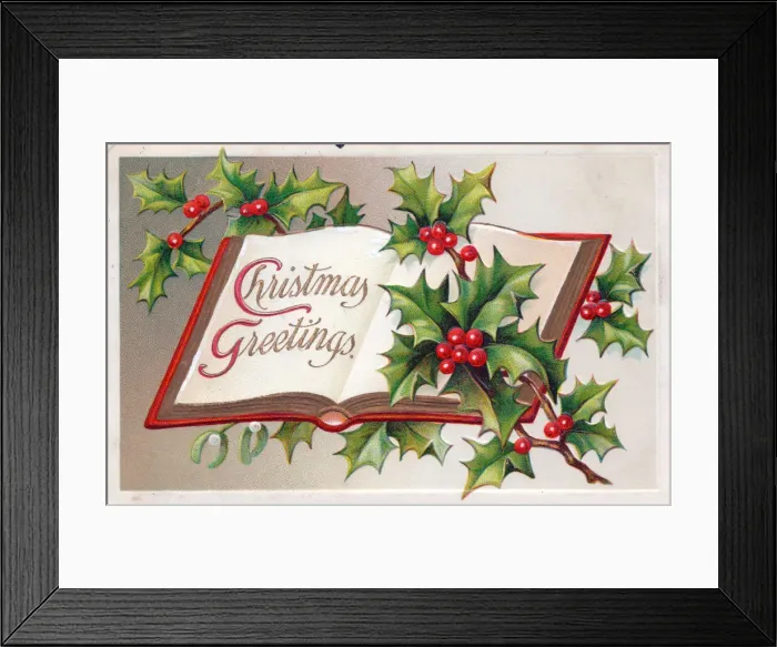 Framed Print : Holly and open book on a Christmas postcard Framed Print : Holly and open book on a Christmas postcard