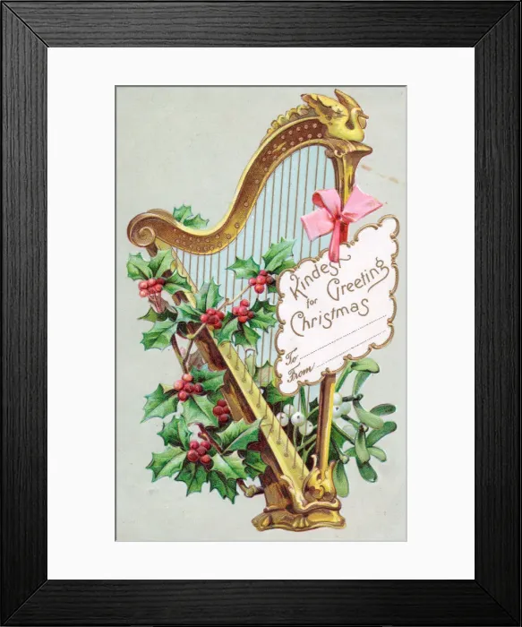 Framed Print : Holly, mistletoe and harp on a Christmas postcard Framed Print : Holly, mistletoe and harp on a Christmas postcard