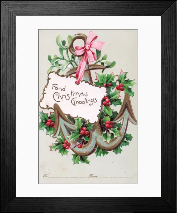 Framed Print : Holly, mistletoe and anchor on a Christmas postcard Framed Print : Holly, mistletoe and anchor on a Christmas postcard