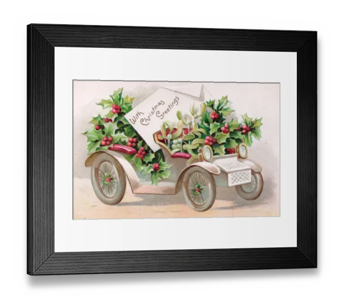 Framed Print : Holly and mistletoe in a car on a Christmas postcard Framed Print : Holly and mistletoe in a car on a Christmas postcard