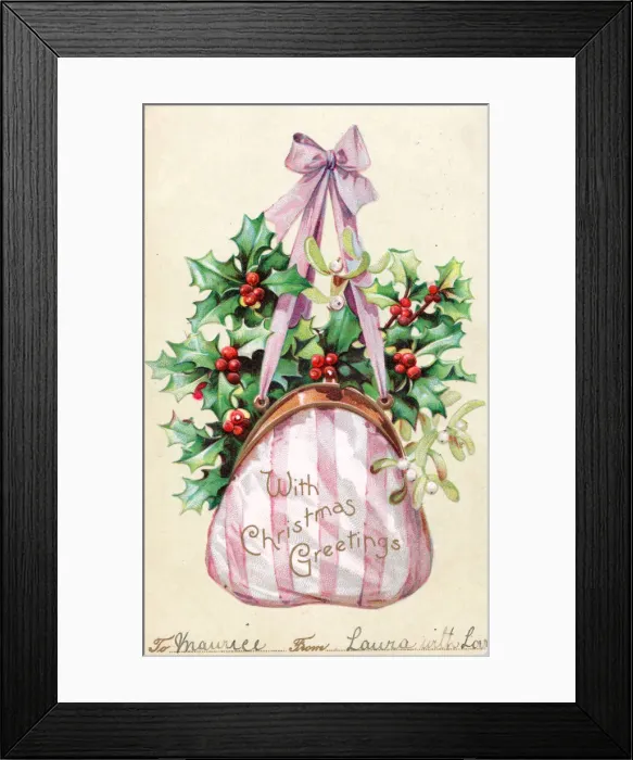 Framed Print : Holly and mistletoe in a handbag on a Christmas postcard Framed Print : Holly and mistletoe in a handbag on a Christmas postcard