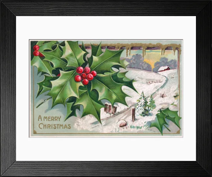 Framed Print : Holly with snow scene on a Christmas postcard Framed Print : Holly with snow scene on a Christmas postcard