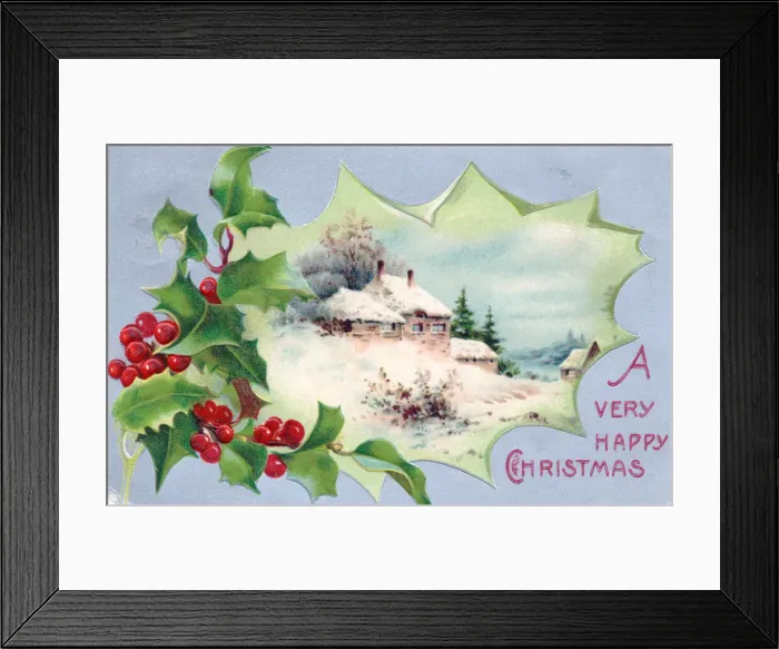 Framed Print : Holly with snow scene on a Christmas postcard Framed Print : Holly with snow scene on a Christmas postcard
