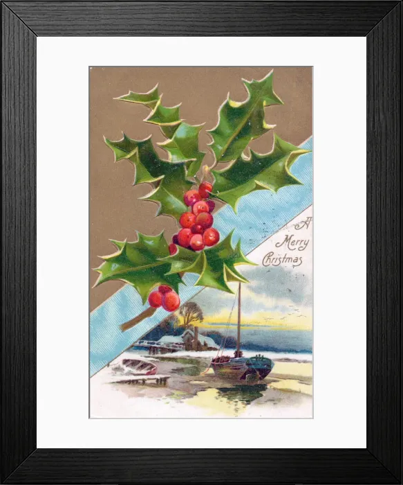 Framed Print : Holly with snow scene and boats on a Christmas postcard Framed Print : Holly with snow scene and boats on a Christmas postcard