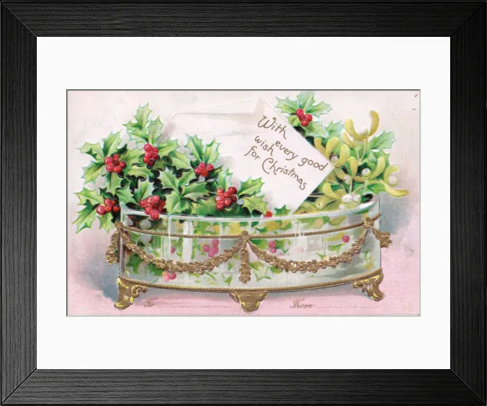 Framed Print : Holly and mistletoe on a Christmas postcard Framed Print : Holly and mistletoe on a Christmas postcard