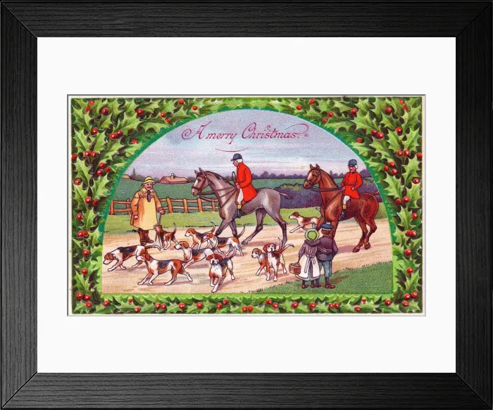 Framed Print : Holly with foxhunting scene on a Christmas postcard Framed Print : Holly with foxhunting scene on a Christmas postcard