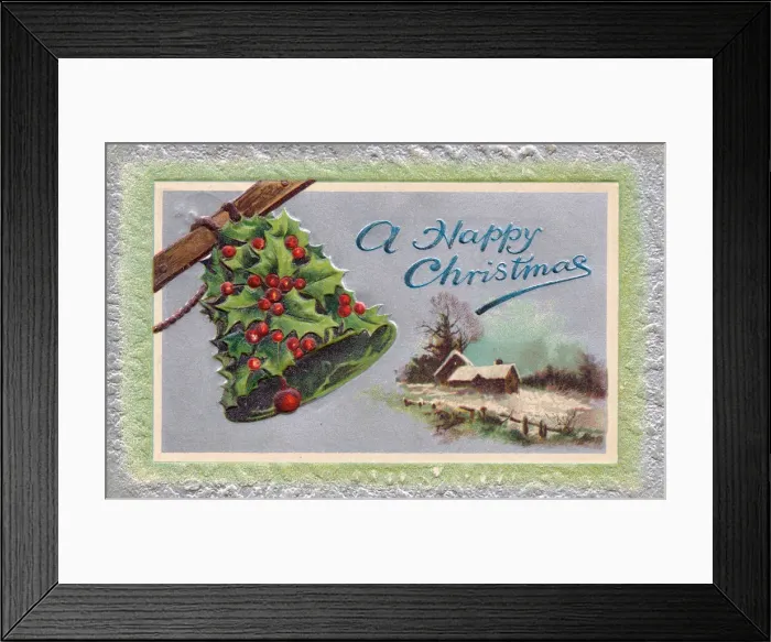 Framed Print : Holly with bell and snow scene on a Christmas postcard Framed Print : Holly with bell and snow scene on a Christmas postcard