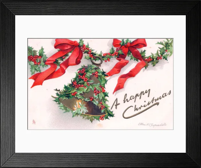 Framed Print : Holly with bell and red ribbons on a Christmas postcard Framed Print : Holly with bell and red ribbons on a Christmas postcard