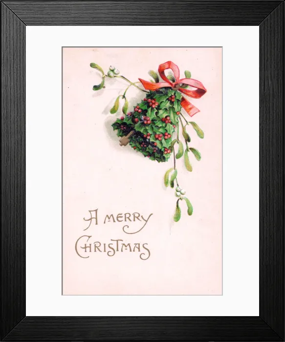 Framed Print : Holly and mistletoe with bell on a Christmas postcard Framed Print : Holly and mistletoe with bell on a Christmas postcard