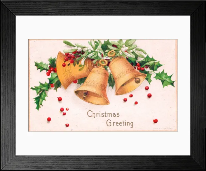 Framed Print : Holly and mistletoe with bells on a Christmas postcard Framed Print : Holly and mistletoe with bells on a Christmas postcard