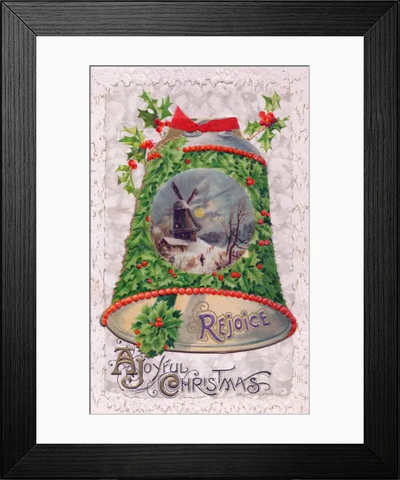 Framed Print : Holly with bell and snow scene on a Christmas postcard Framed Print : Holly with bell and snow scene on a Christmas postcard